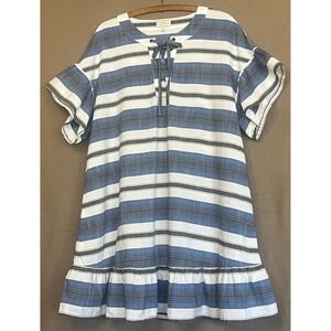 Lucky Brand Striped Dress Casual Ruffle Sleeve Tie Plus Blue White Boho Beach 1X